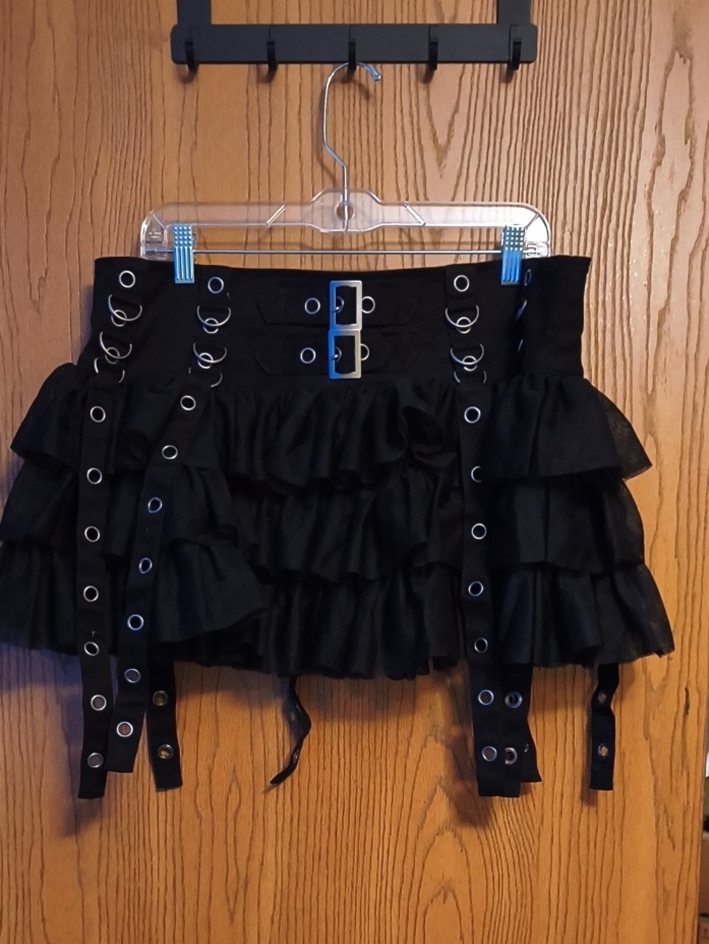 Dolls Kill Widow Black Layered Ruffle Mini Skirt with Grommet Straps and Buckle